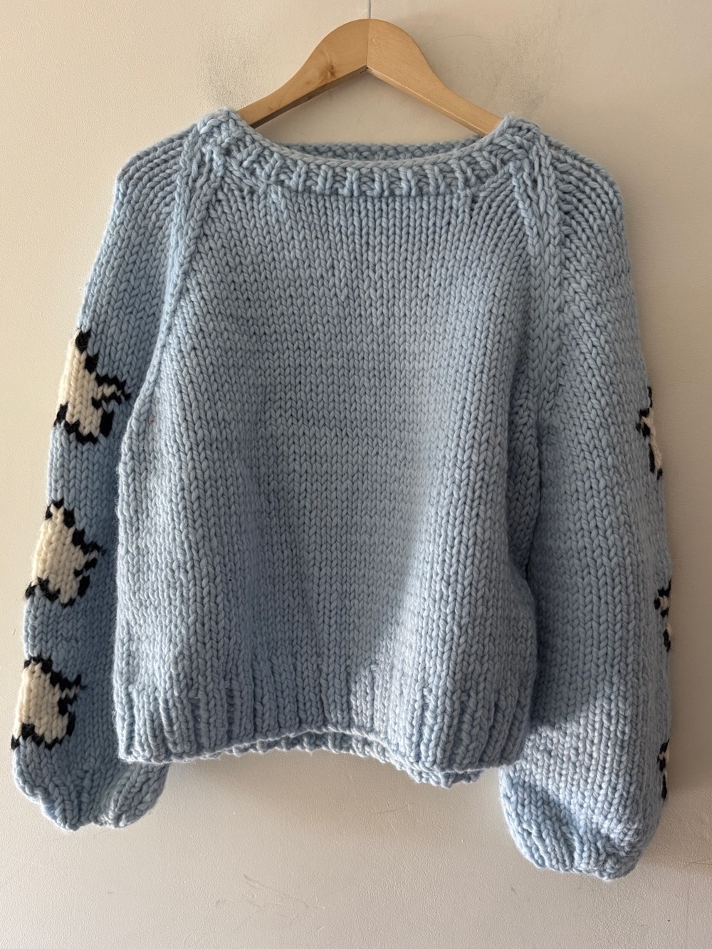 GOGO Blue 100% Wool Knit Star Sleeve Crewneck Sweater